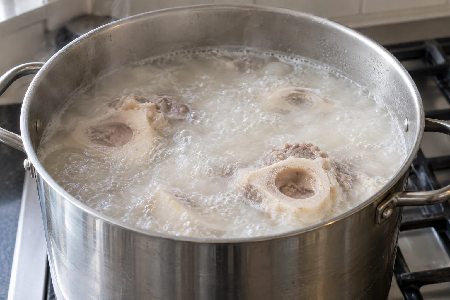 Cloudy ivory bone broth bubbling around cleaned marrow bone pieces in a stockpot