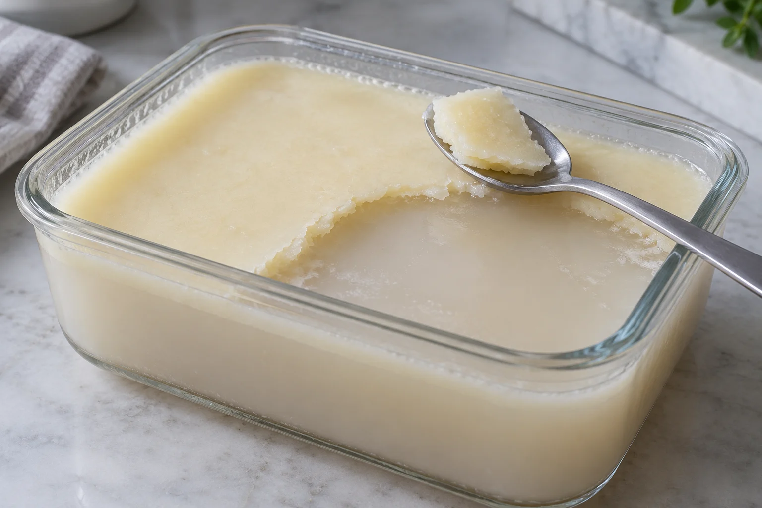A spoon lifting pale solidified fat from chilled ivory broth in a shallow glass dish