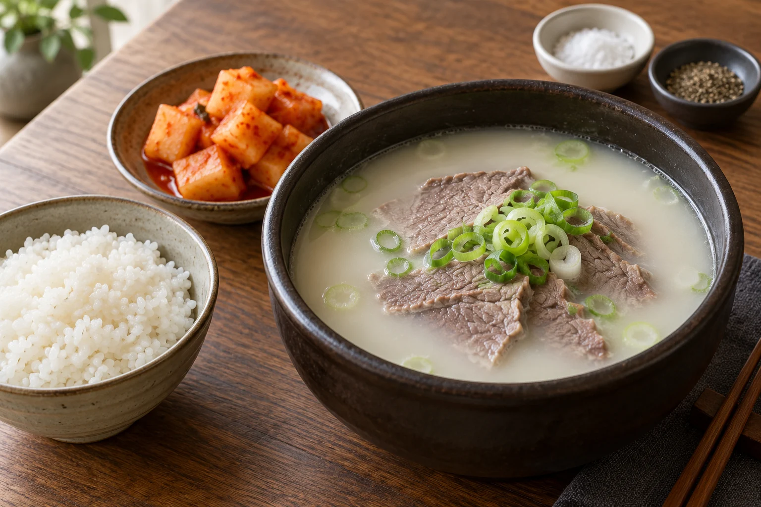 Milky Korean beef bone soup with thin brisket and scallions beside rice and cubed radish kimchi