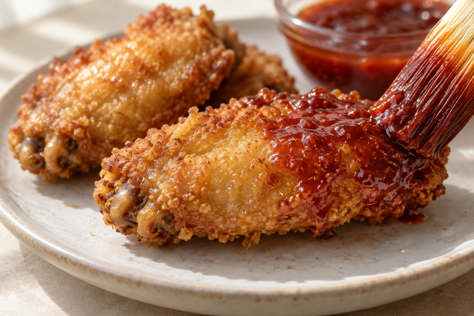 A pastry brush spreads a thin red glaze over one half of a golden fried chicken wing flat.