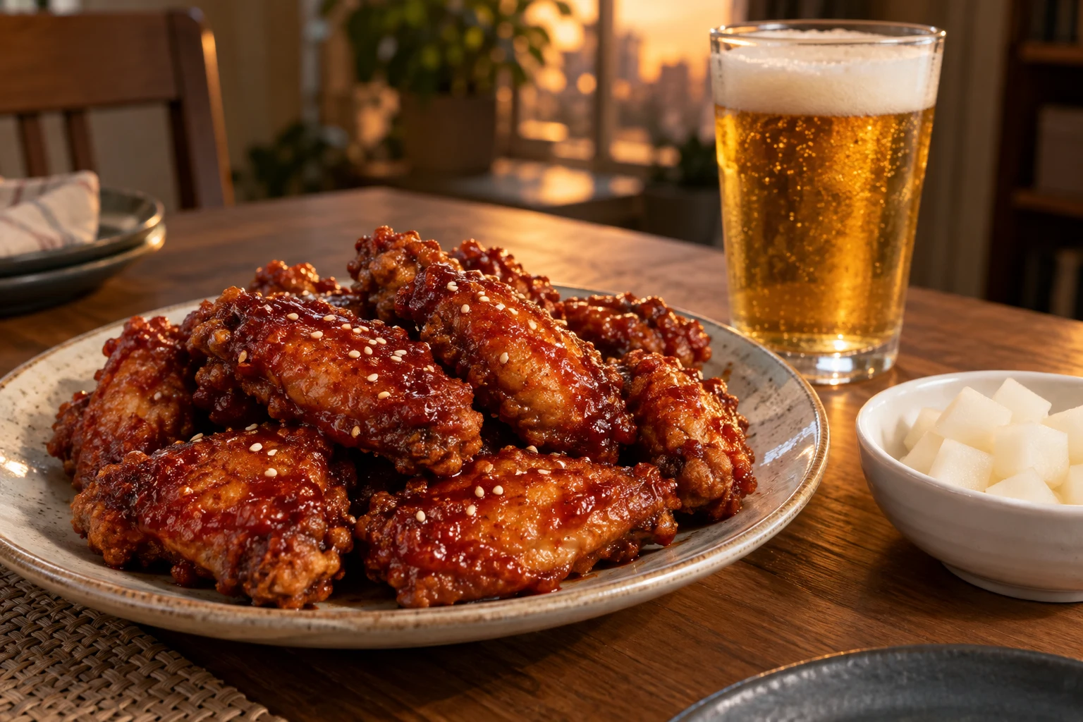 Red-glazed Korean fried chicken wings with a glass of golden beer and white pickled radish cubes.