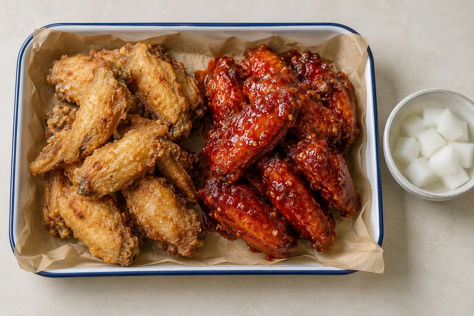 One tray holds plain golden fried wings on the left and red yangnyeom wings on the right.
