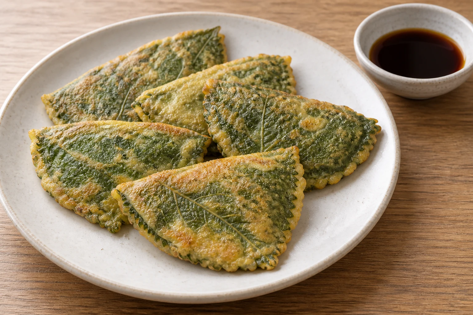 Thin folded perilla-leaf jeon with a pale golden egg coating beside soy-vinegar dipping sauce