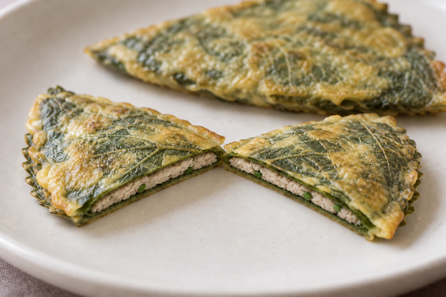 A cut perilla-leaf jeon showing a thin layer of pork and tofu between cooked leaf and egg
