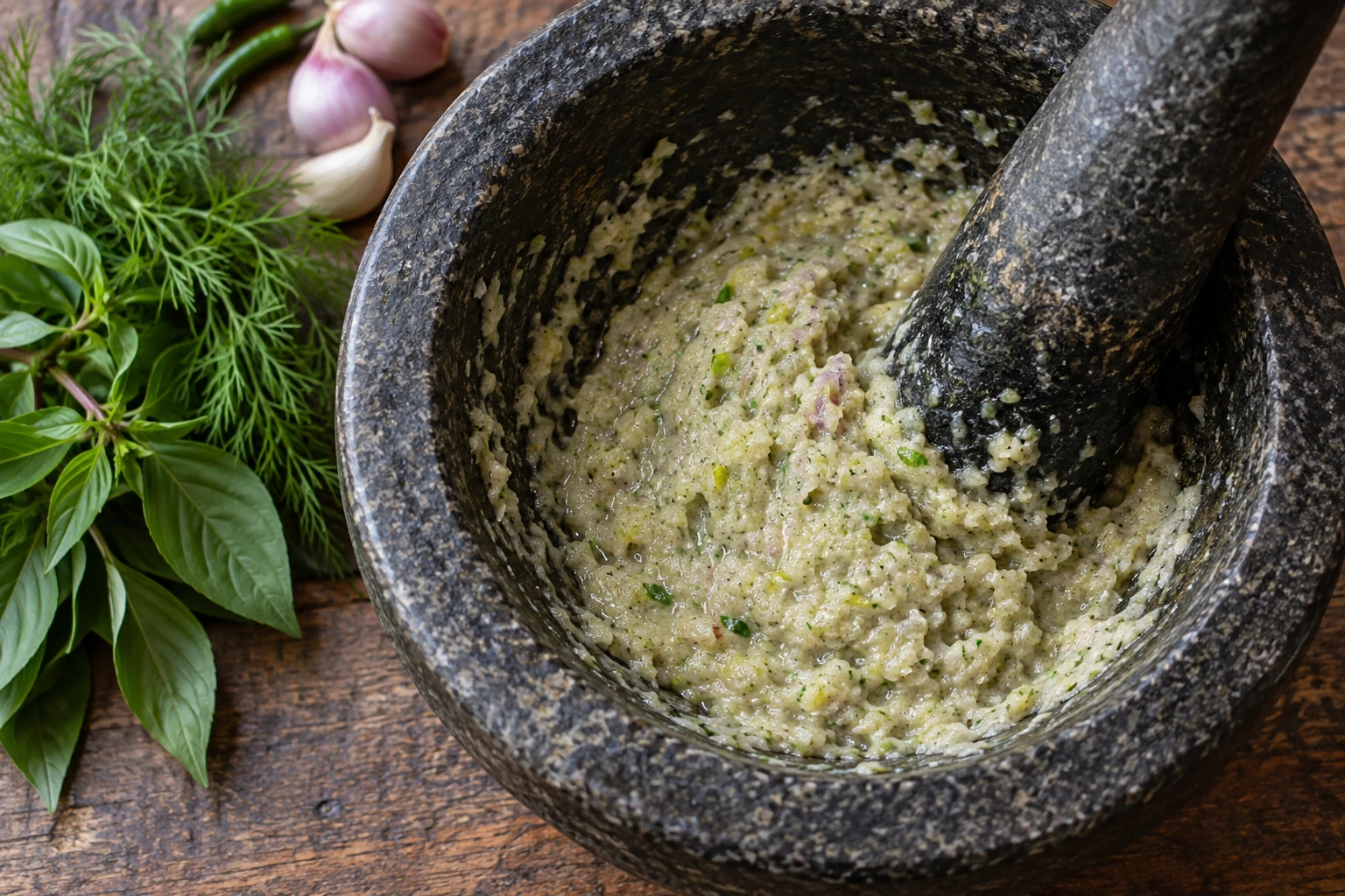 Wet finely pounded rice and aromatic paste in a stone mortar beside dill and basil