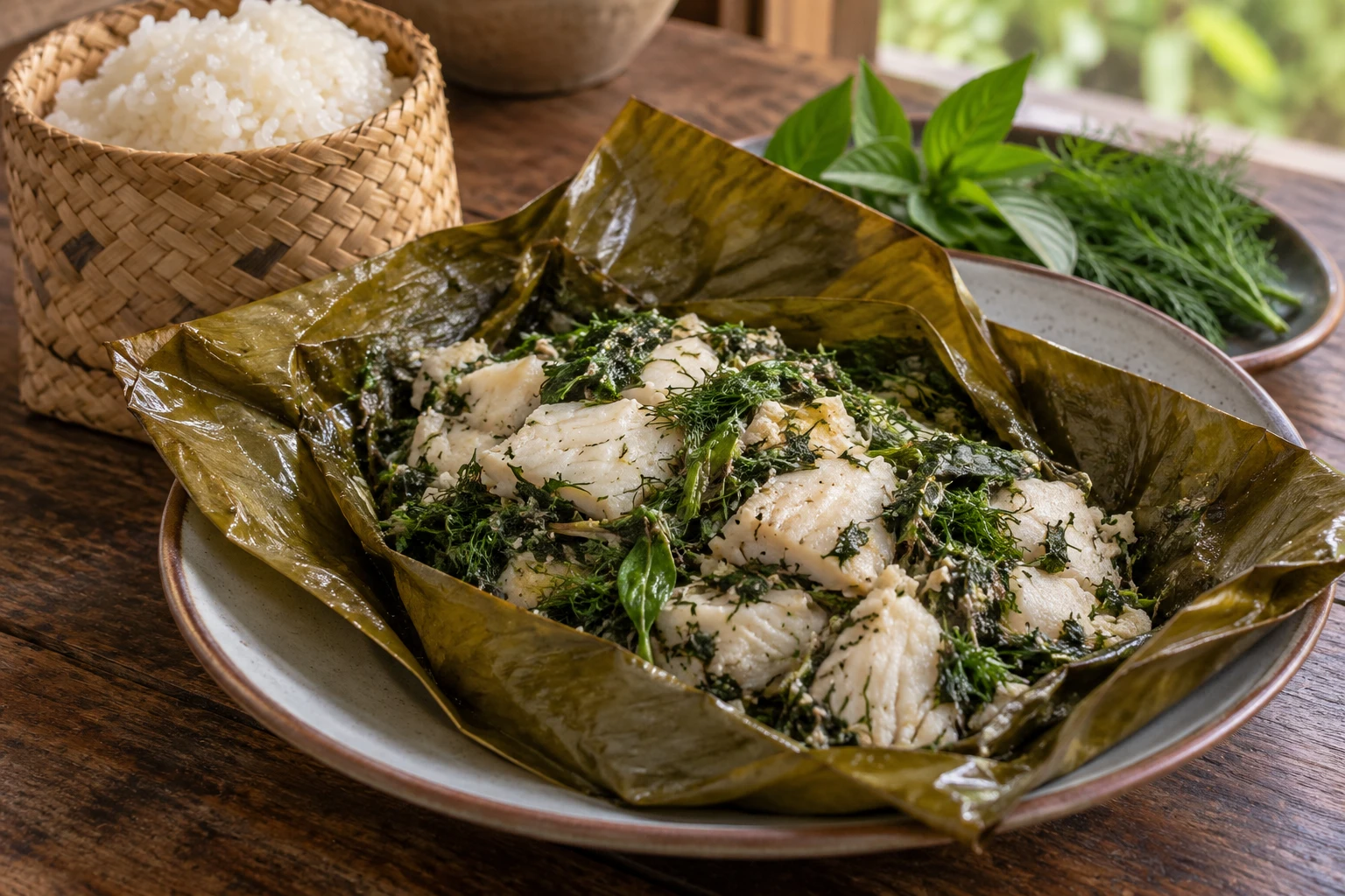 Opened cooked banana-leaf parcel holding white fish chunks and chopped green herbs