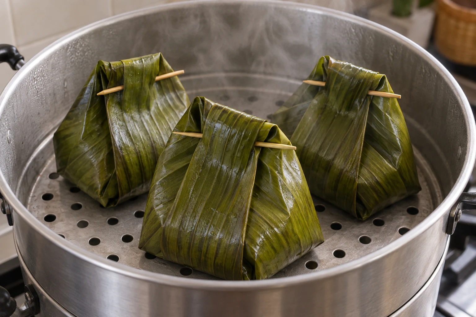 Three closed banana-leaf packets pinned with bamboo skewers on a metal steaming rack
