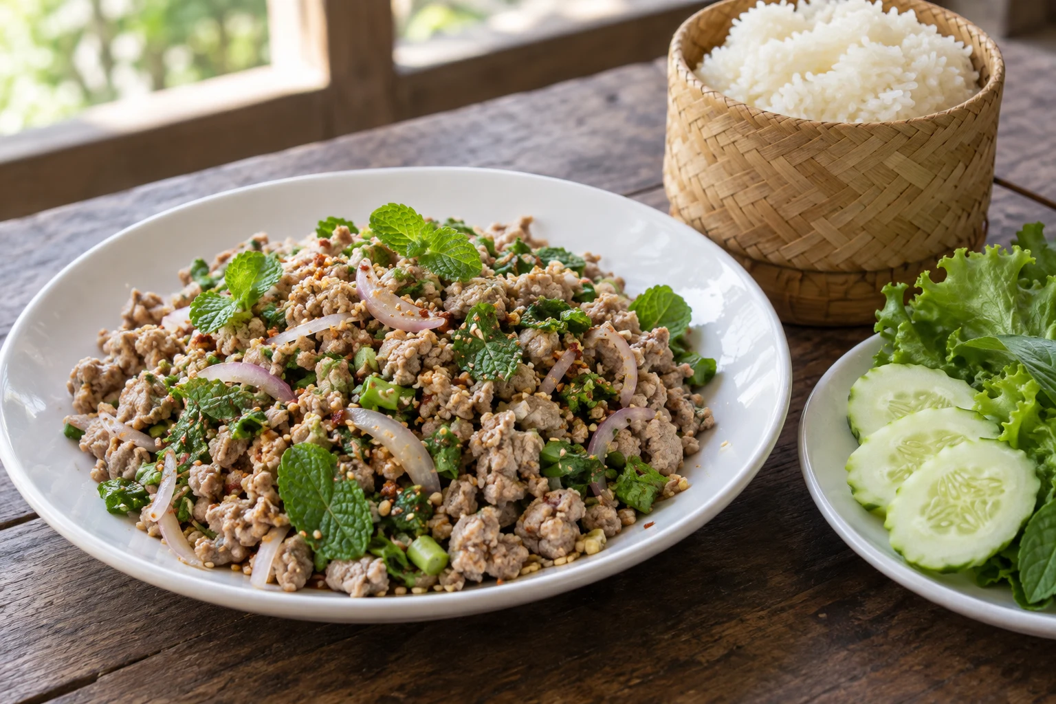 Cooked minced pork laap with shallot, scallion, mint and chili beside sticky rice, cucumber and lettuce