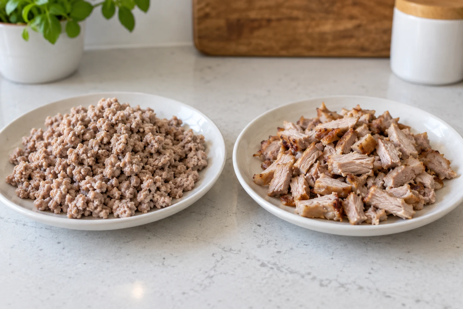 Two plates showing fine cooked ground pork and irregular chopped pieces of cooked roasted pork