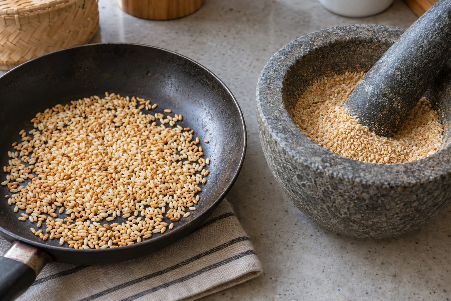 Dry golden toasted sticky rice in a pan beside coarse rice powder in a stone mortar