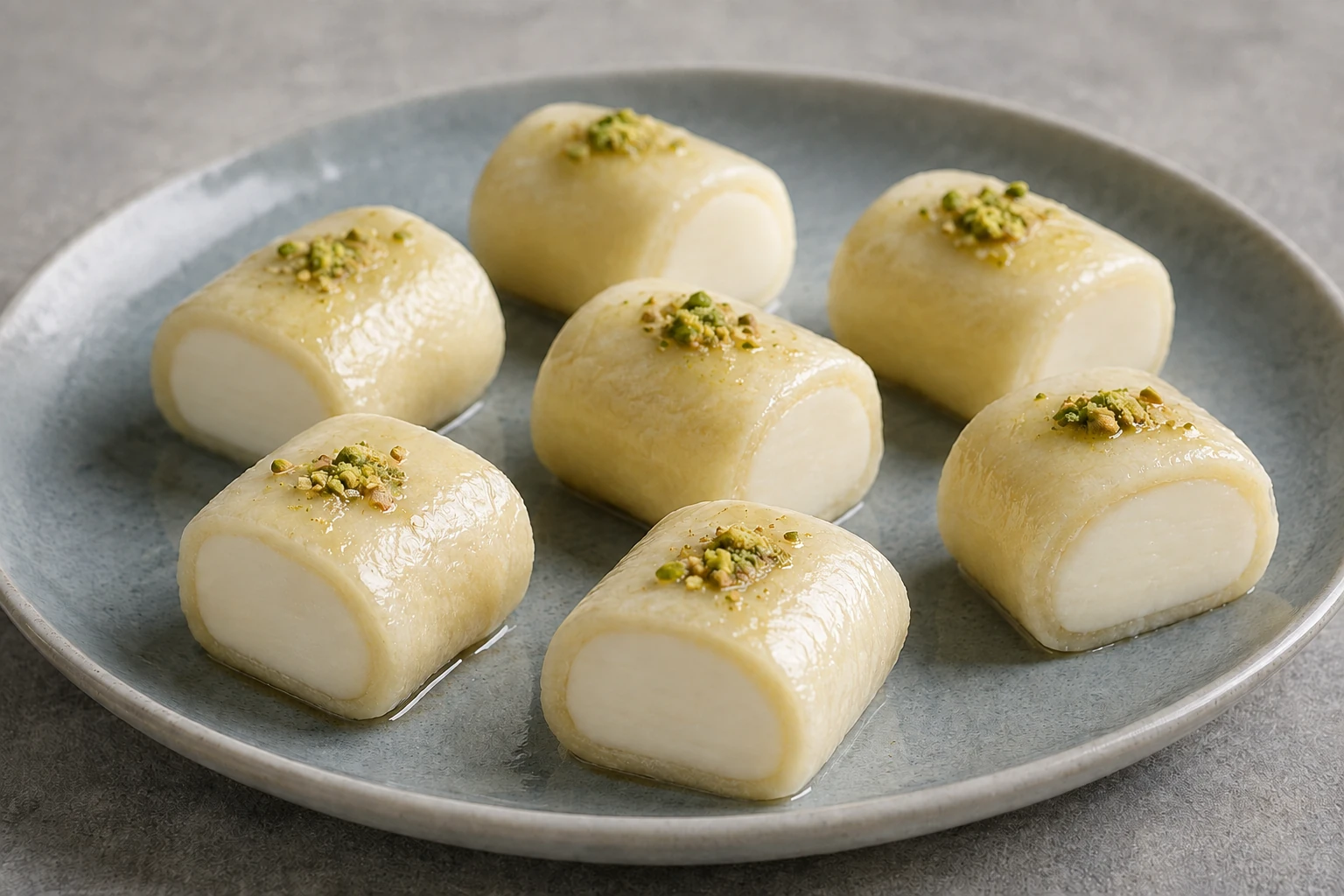 Ivory cheese-semolina rolls with white cream centers, crushed pistachios and clear syrup