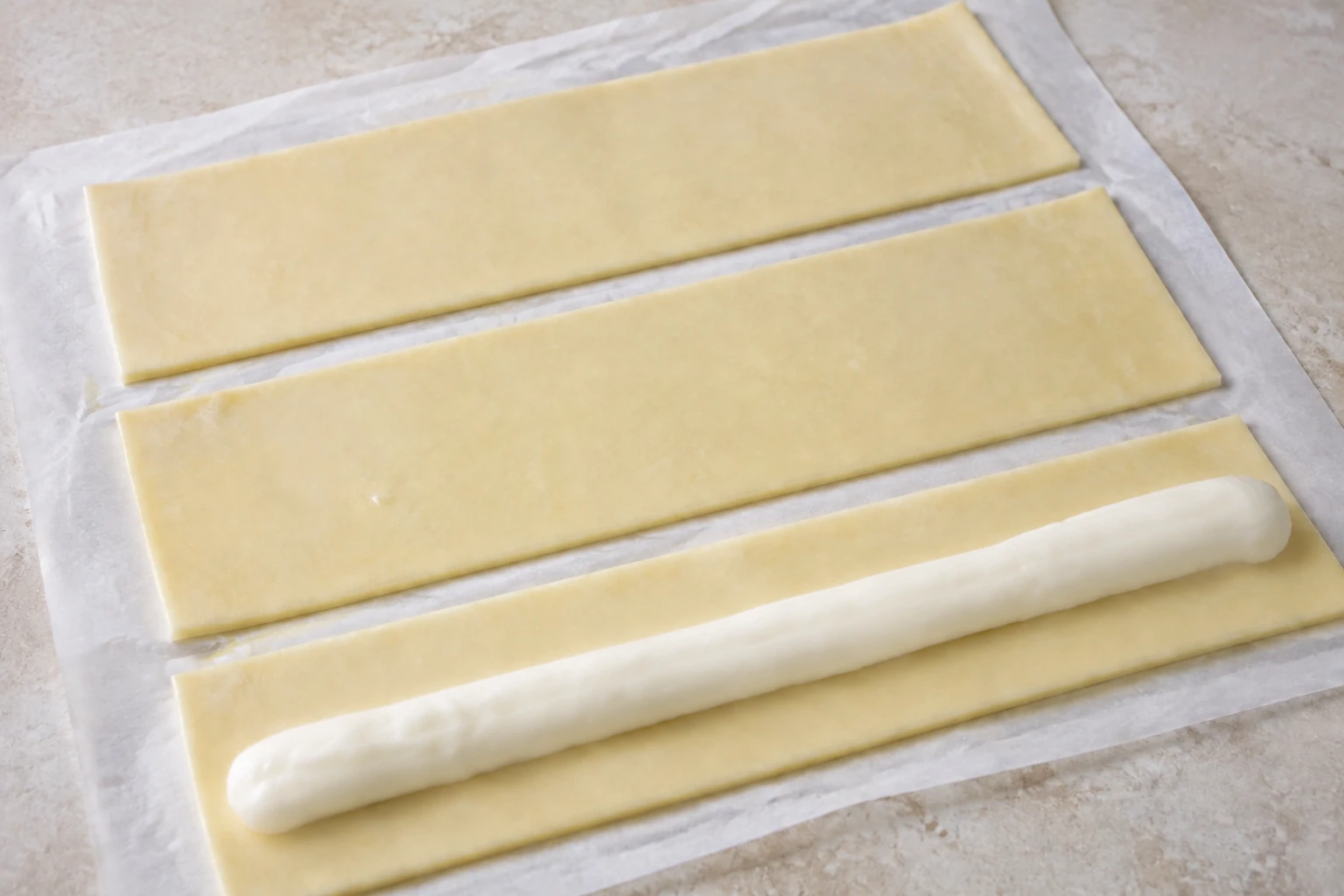 Three strips of cooked cheese-semolina dough on parchment, with a line of white cream on the nearest strip