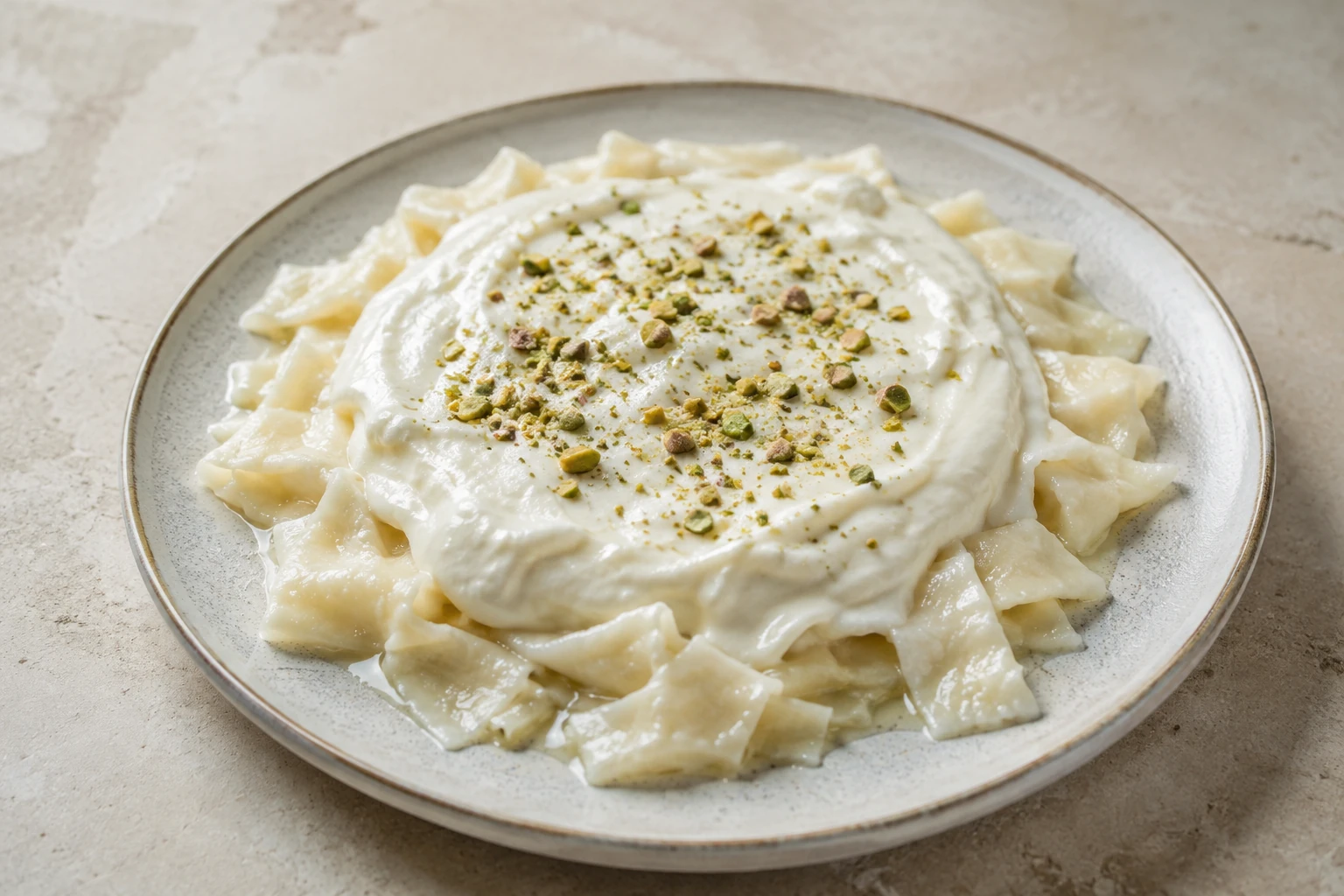 Torn pieces of ivory cheese-semolina sheet beneath thick white cream and crushed pistachios
