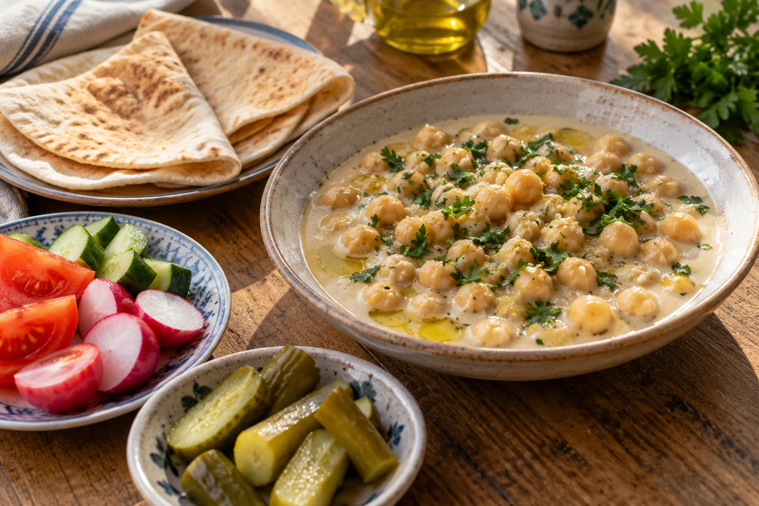 Chunky chickpeas in tahini sauce beside soft pita, fresh radishes, tomato, cucumber and pickled cucumbers on separate dishes