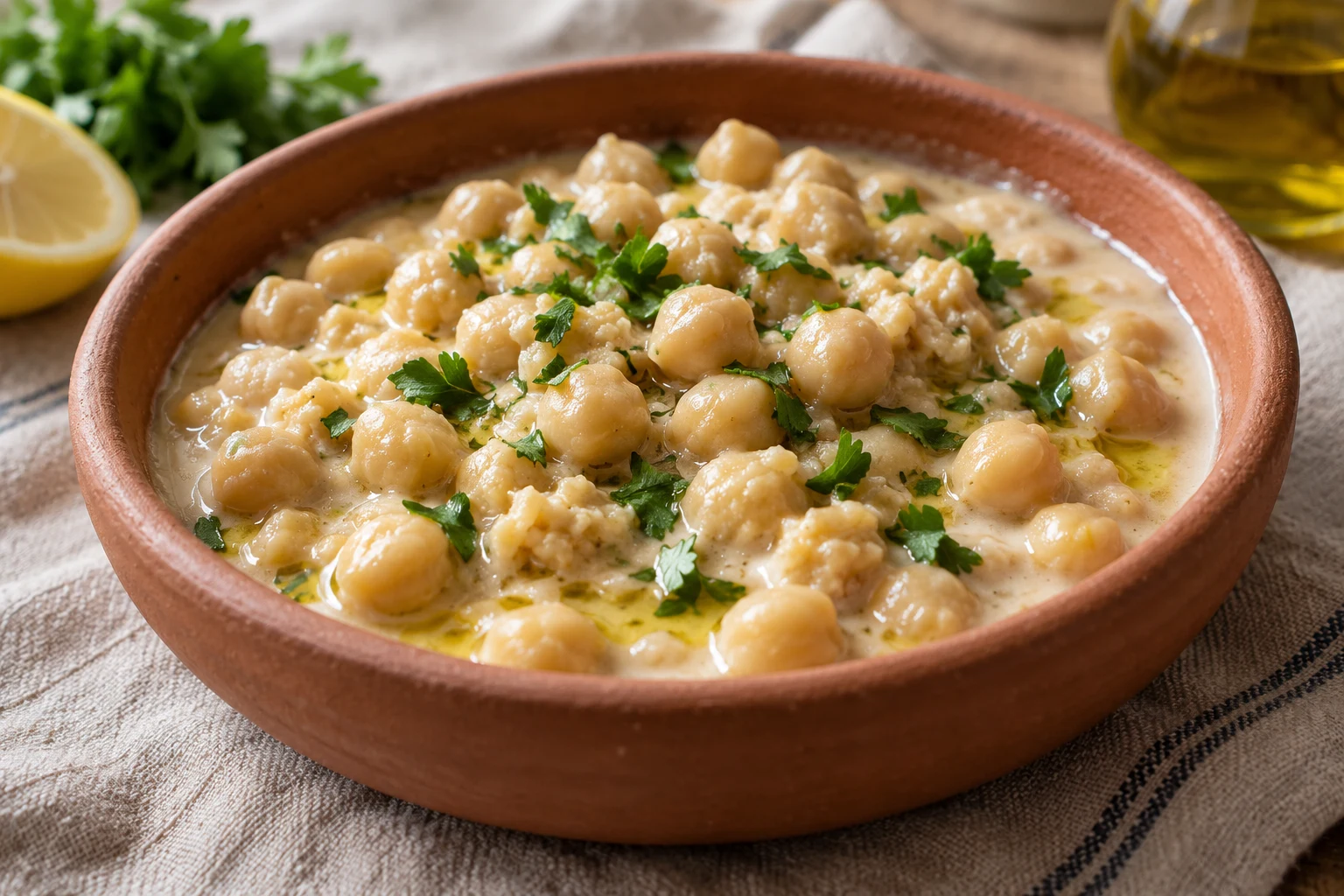 Tender whole and lightly crushed chickpeas in pale tahini sauce with a little olive oil and chopped parsley in a shallow terracotta bowl