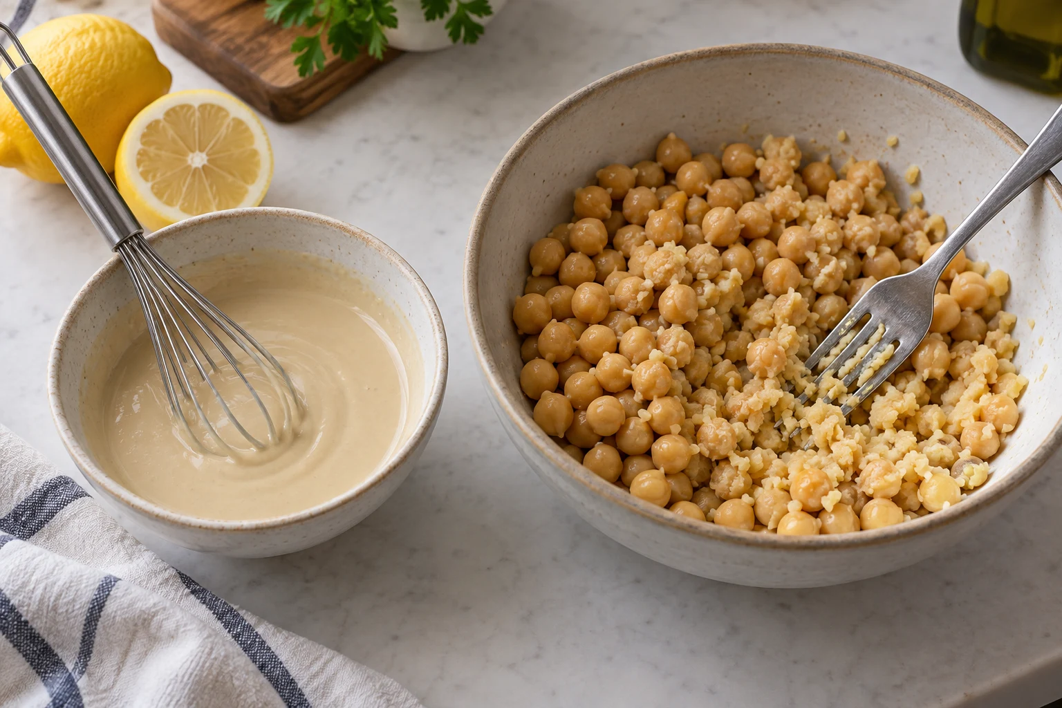 A small bowl of smooth pale tahini sauce with a whisk beside a larger bowl of whole and partly fork-crushed cooked chickpeas