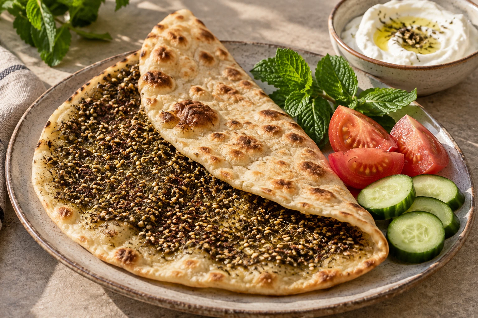 Partly folded za’atar flatbread with cucumber, tomato, mint and a bowl of labneh
