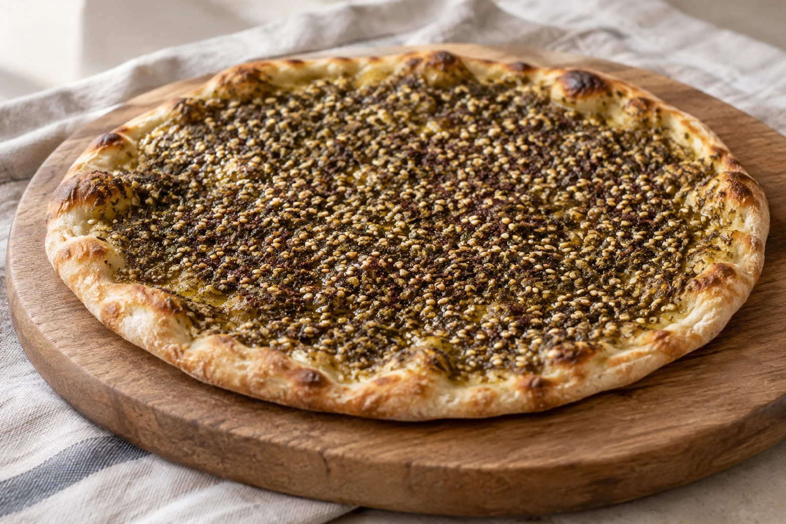 Round za’atar flatbread with a blistered golden rim and sesame-flecked herb topping