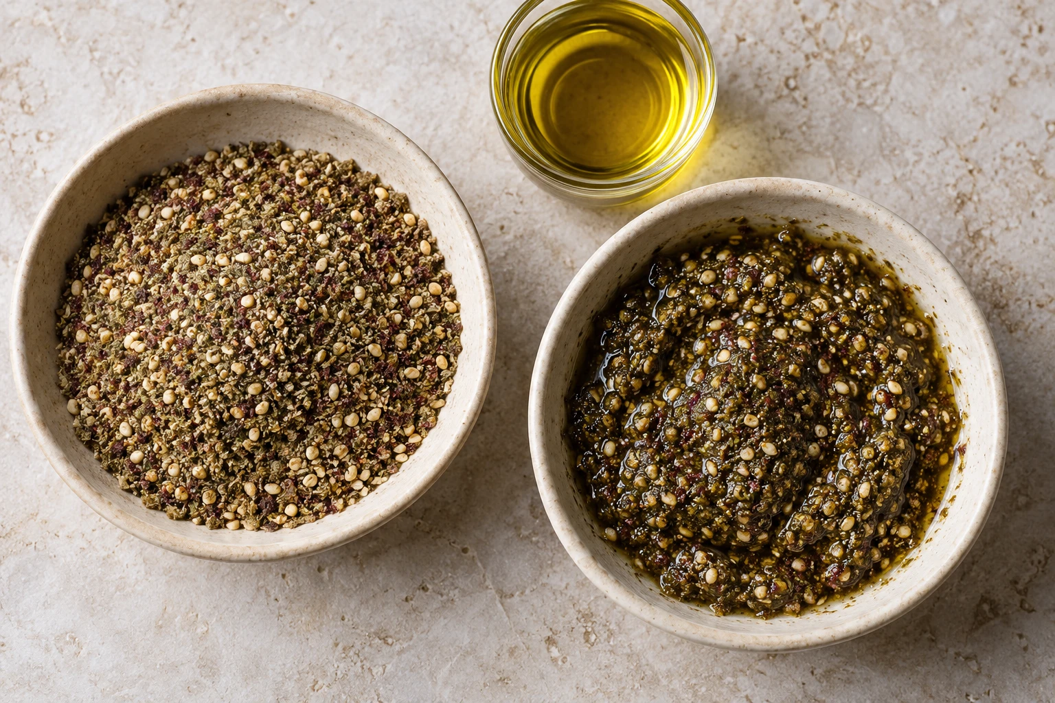 Two bowls showing dry za’atar and za’atar mixed with olive oil