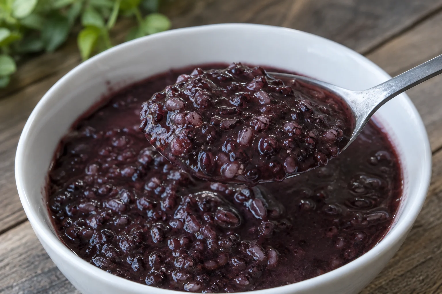 A supported spoon of glossy dark rice porridge with small softened and broken rice grains