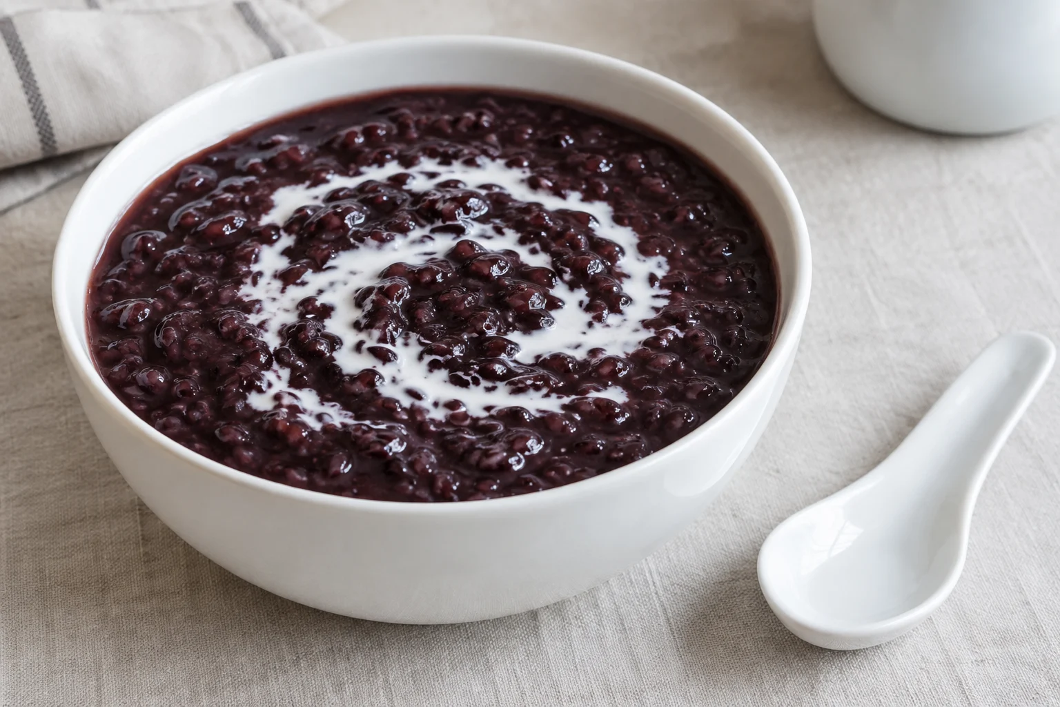 Purple-black glutinous rice porridge in a white bowl with a loose white coconut milk swirl