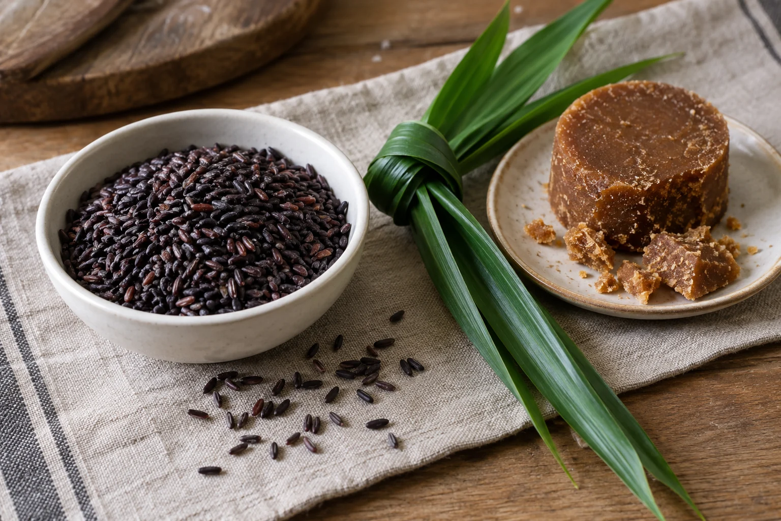 Dry black glutinous rice beside knotted pandan leaves and a brown palm sugar disk