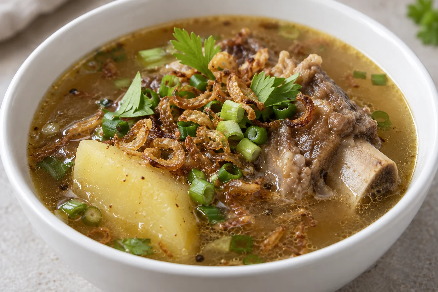 Close view of fried shallots and spring onion over beef-bone soup