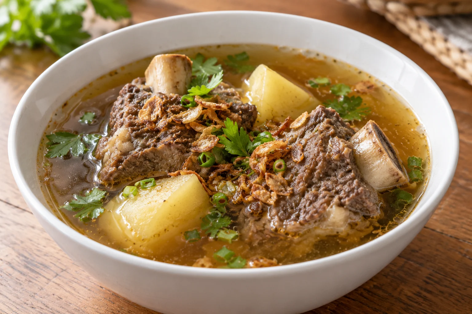 Cooked beef bones and potatoes in amber soup with fried shallots and green garnish