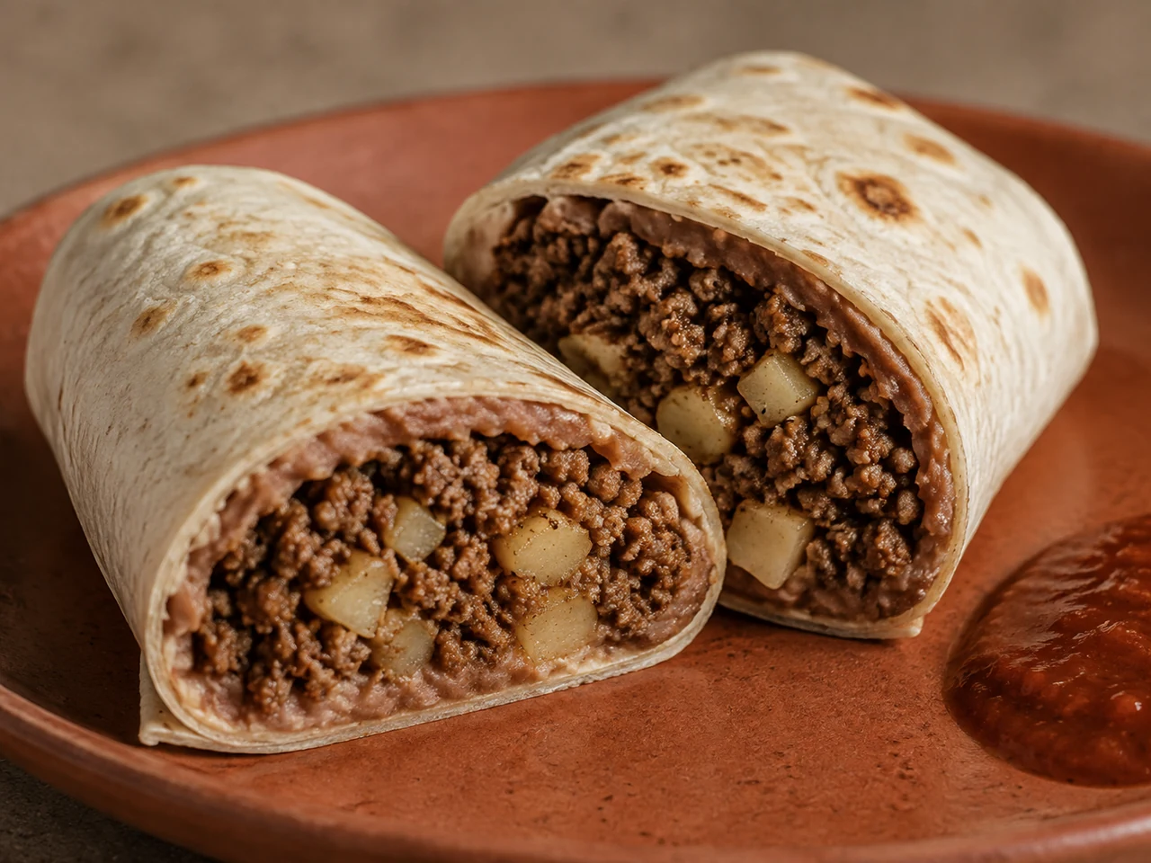 Close view of a burrito cross-section with beef, tender potato, and creamy pinto beans