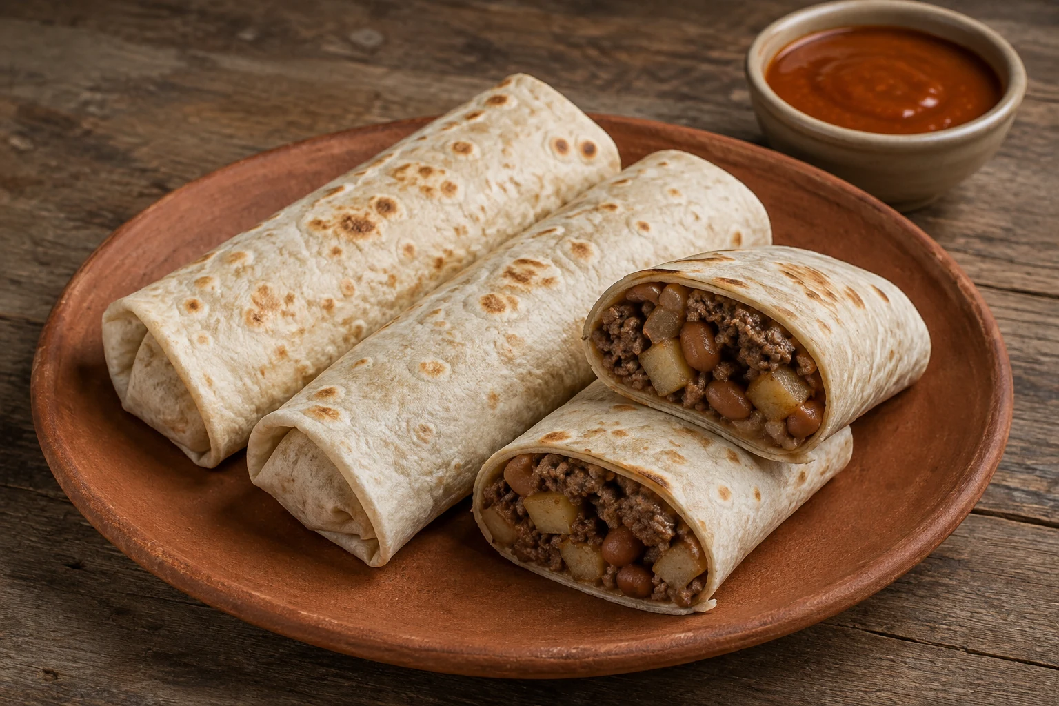 Slender flour-tortilla burritos filled with beef, potato, and pinto beans