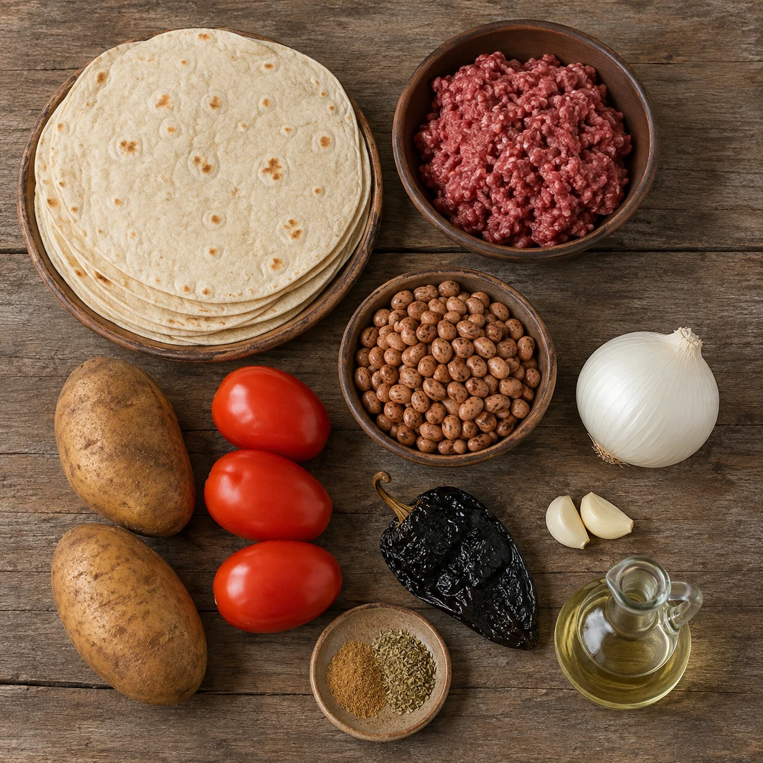 Flour tortillas, beef, pinto beans, potatoes, tomatoes, ancho chile, onion, garlic, spices, and oil