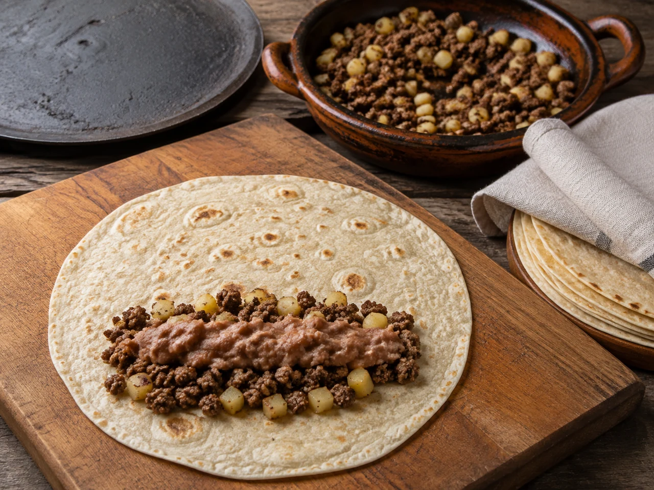Beef, potato, and mashed pinto beans arranged on a warm flour tortilla before rolling