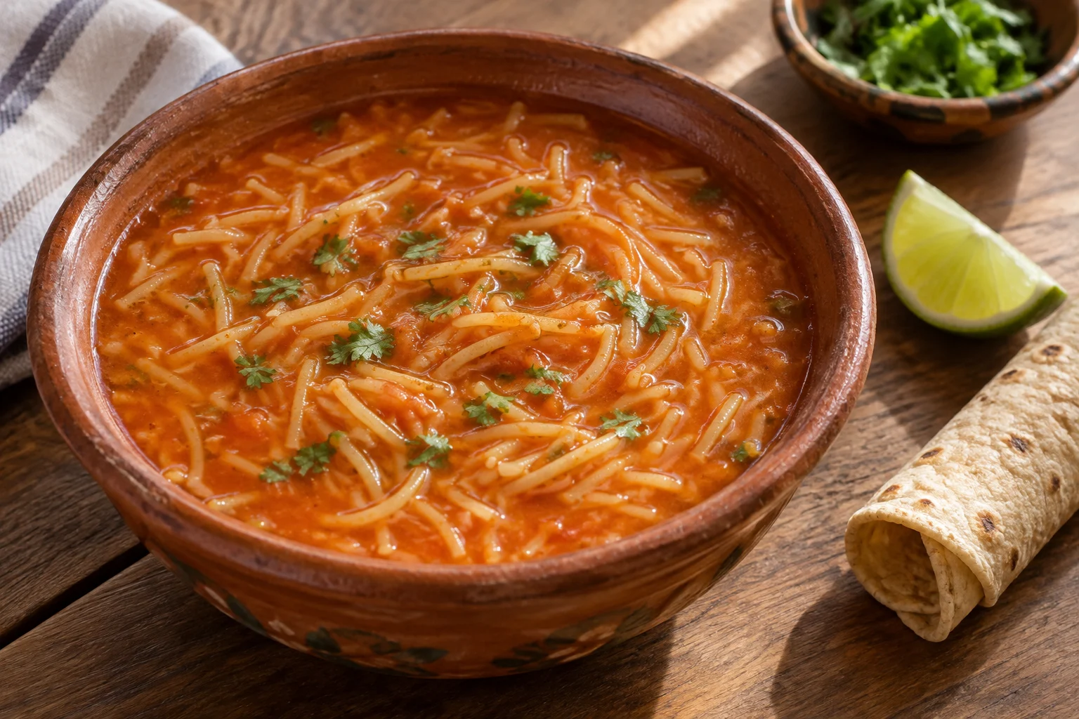 Short thin wheat noodles in a bowl of red tomato broth with cilantro and a tortilla