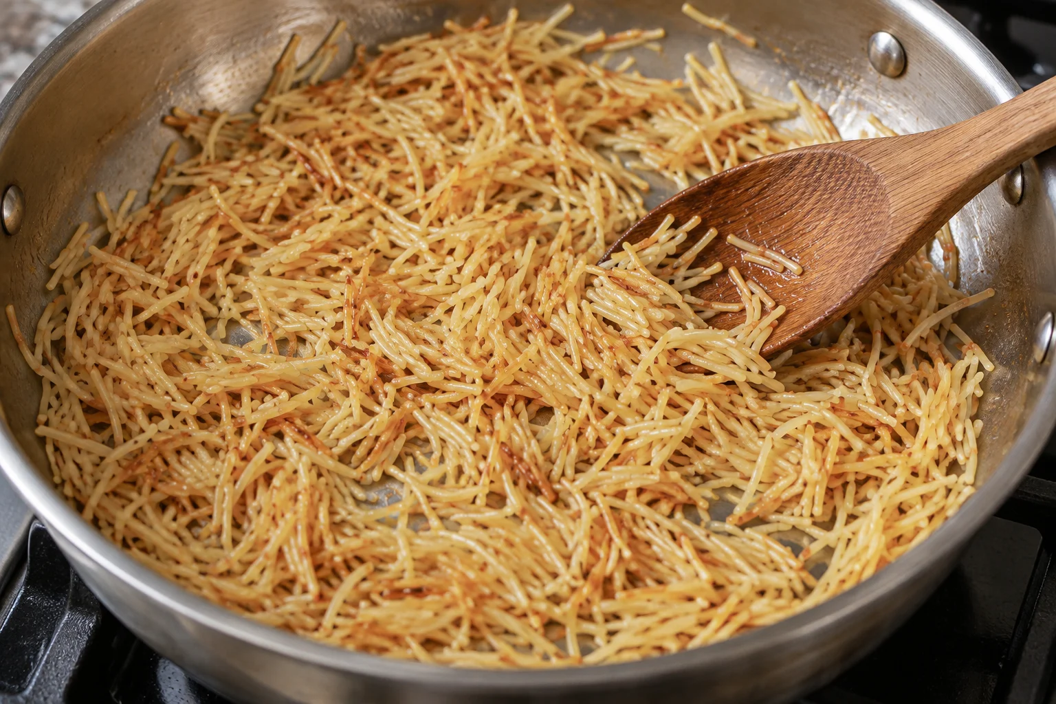 Short thin dry fideo noodles turning lightly golden in an oiled pot