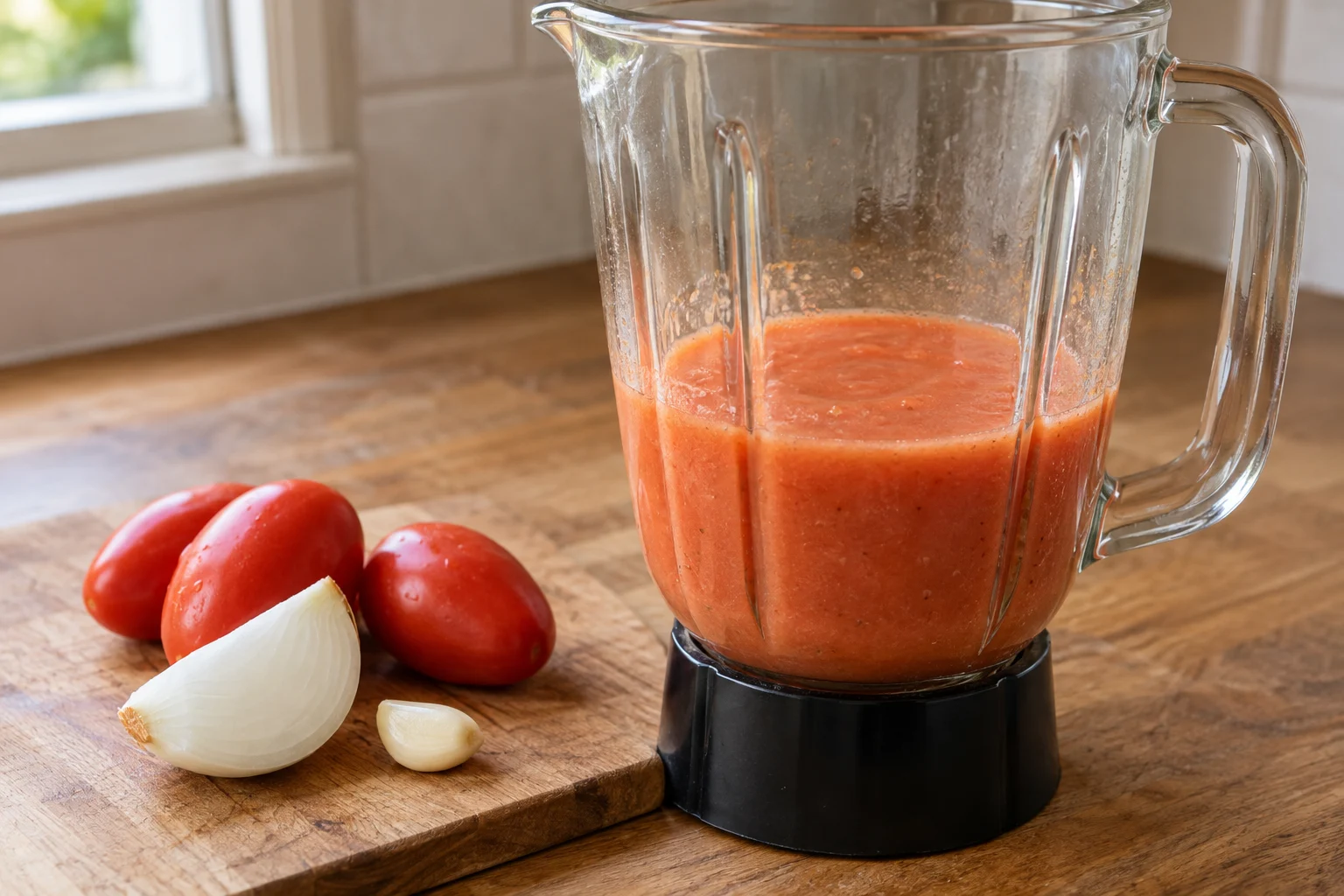 Smooth tomato puree in a blender beside tomatoes, white onion and garlic
