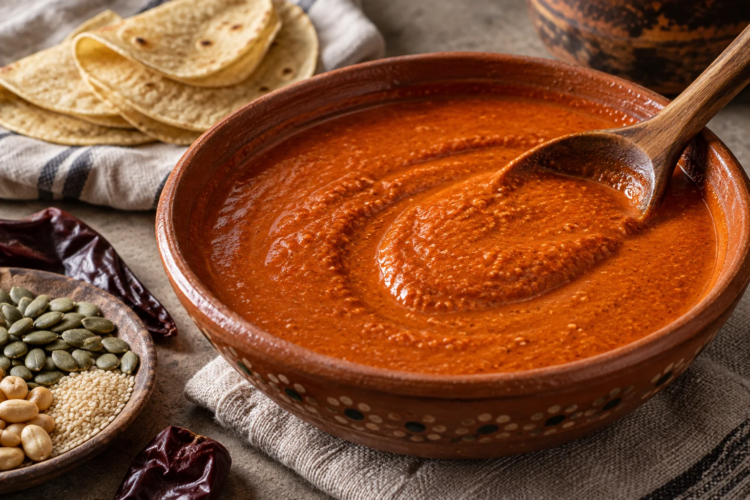 Thick red-orange pipián sauce in an earthenware bowl with a wooden spoon and corn tortillas nearby