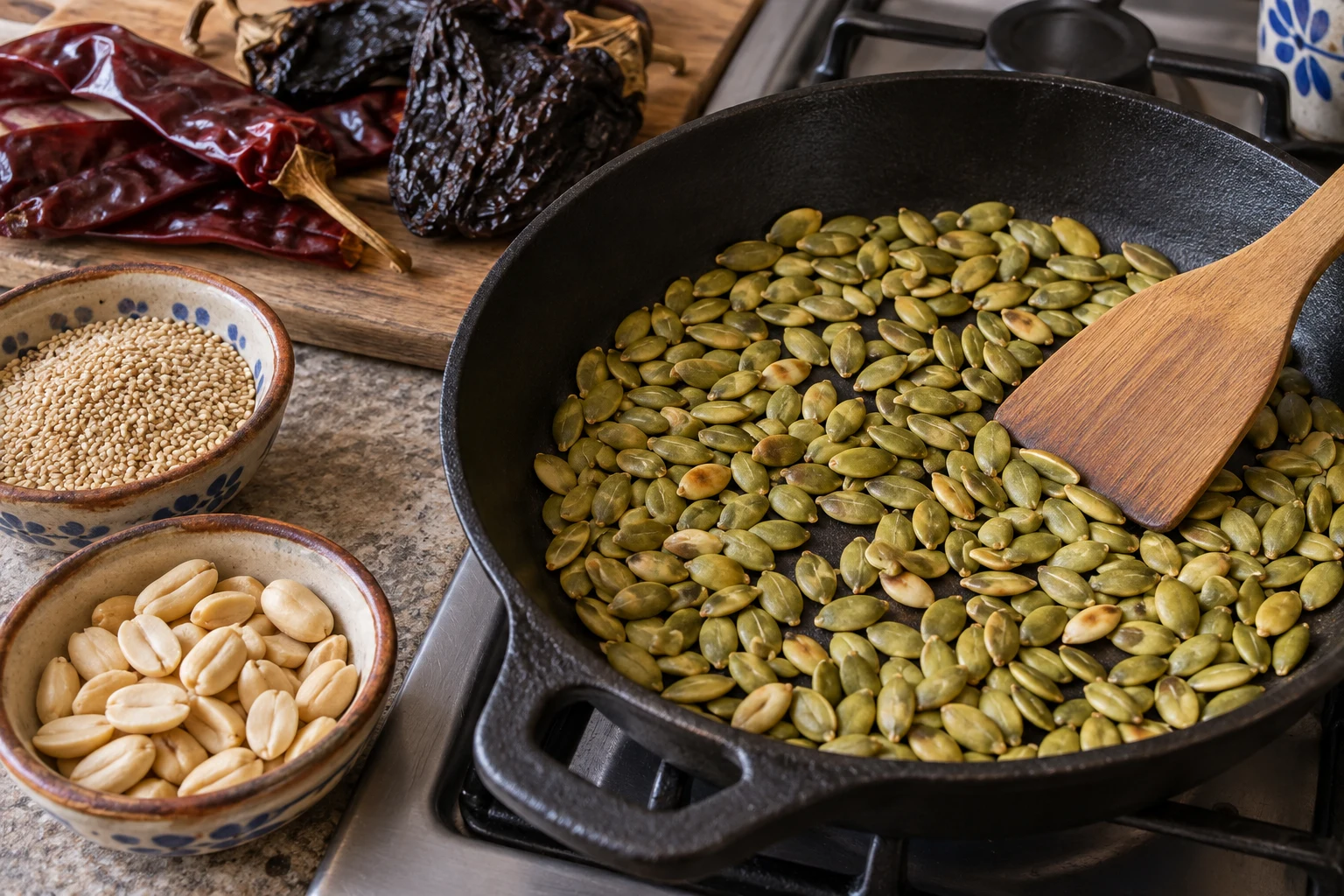 Green shelled pumpkin seeds lightly toasting in a skillet with sesame, peanuts and dried chiles kept separately