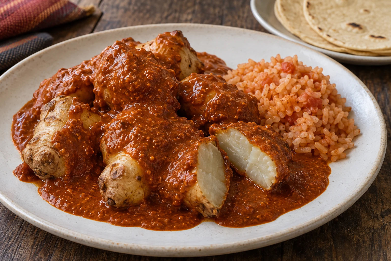 Roasted sunchoke chunks coated in red pipián with rice and corn tortillas alongside