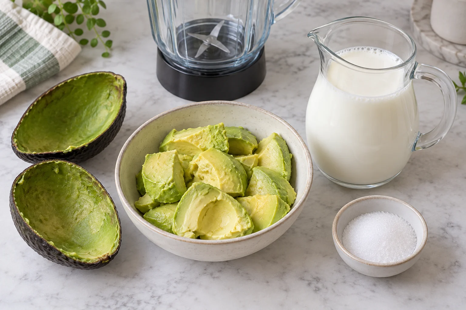 Ripe avocado flesh beside cold milk, sugar and an empty blender