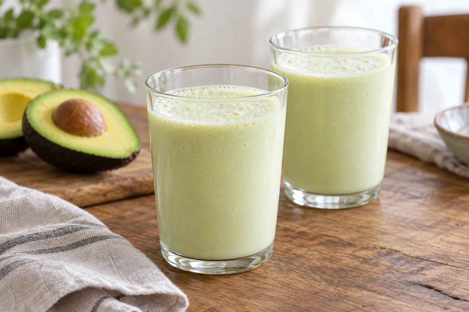 Two glasses of a smooth pale green avocado and milk drink