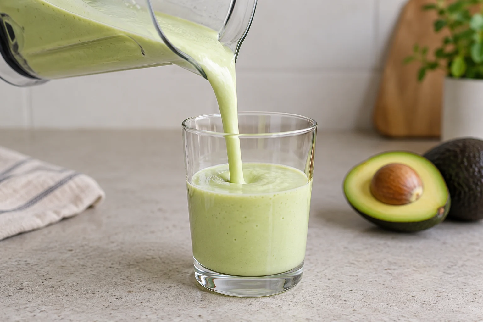 A pale green smoothie pouring in a smooth ribbon from a blender into a glass