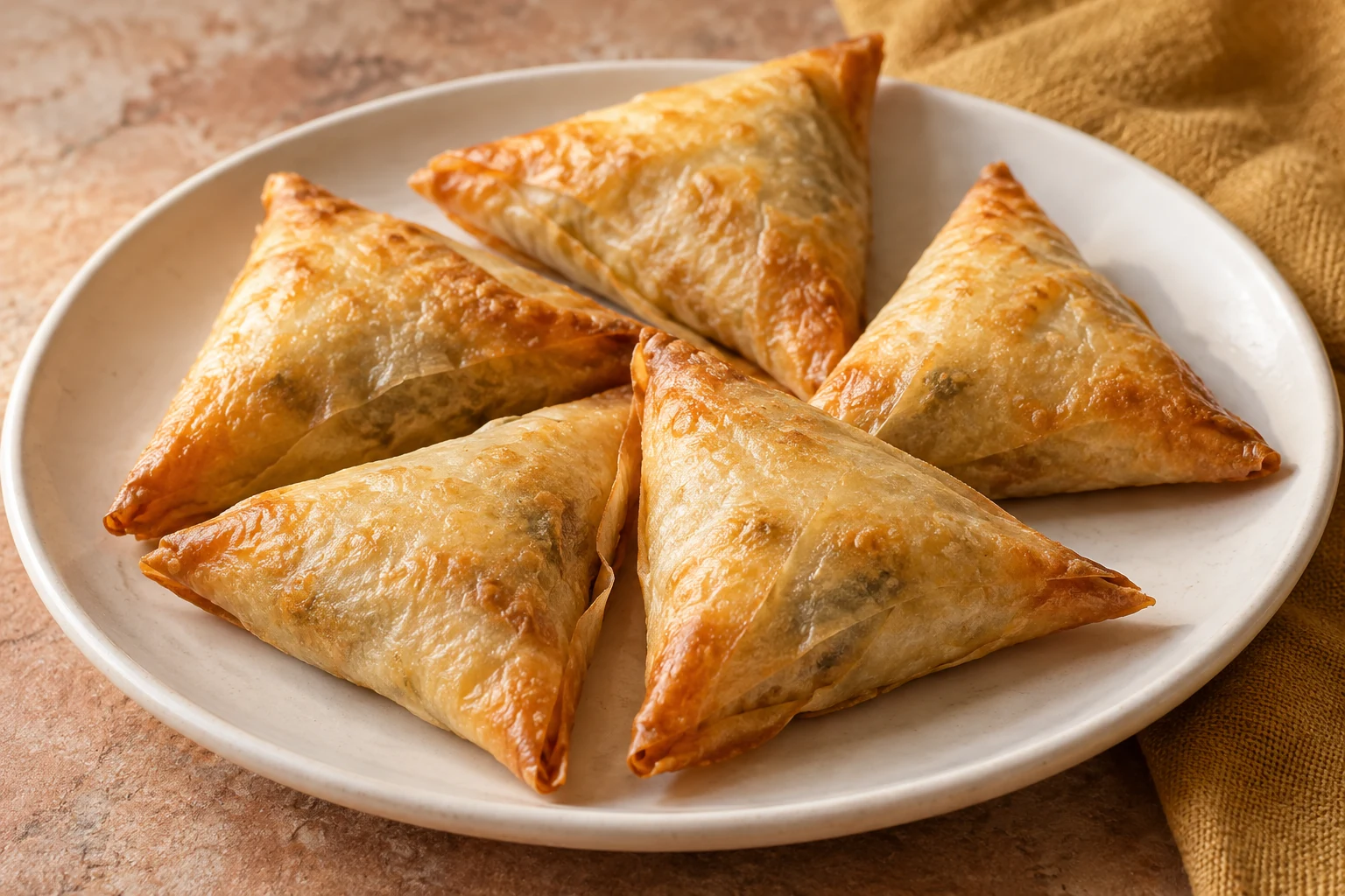 Five golden triangular Moroccan fish briouats on an ivory plate