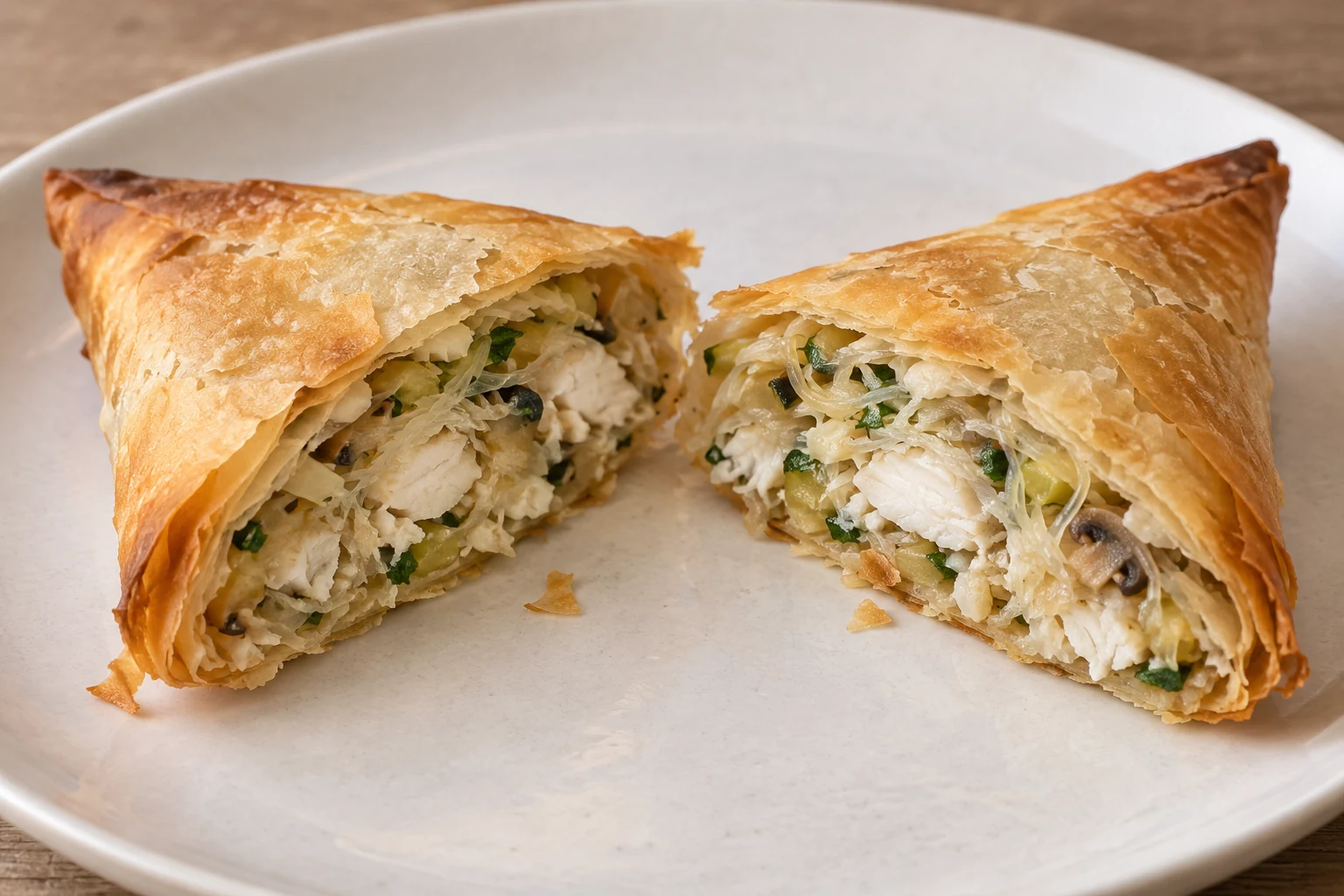 Cut baked briouat showing fine noodles, white fish, zucchini and mushrooms