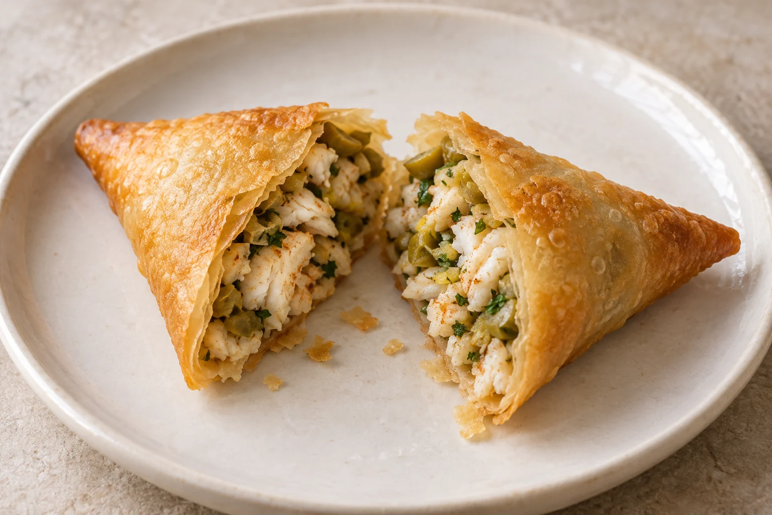 Cut white-fish briouat showing chopped green olives and herbs inside thin pastry