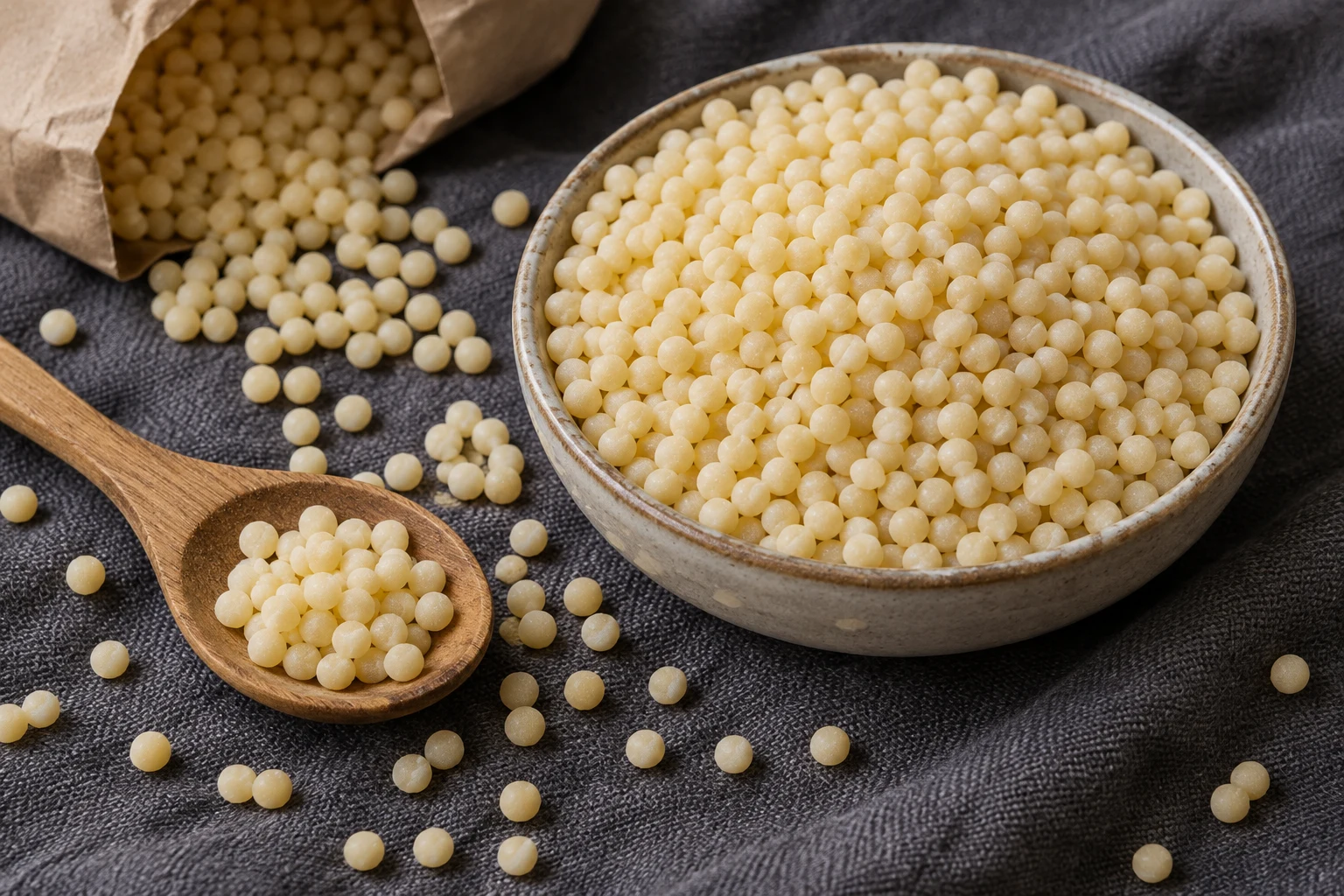 Small round pale dry mhamsa pasta in an unlabeled bowl and wooden spoon.