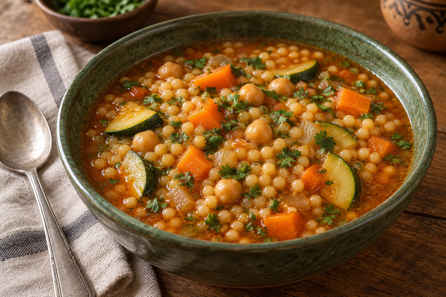Moroccan berkoukech soup with round pasta, chickpeas, carrot and courgette in tomato-colored broth.