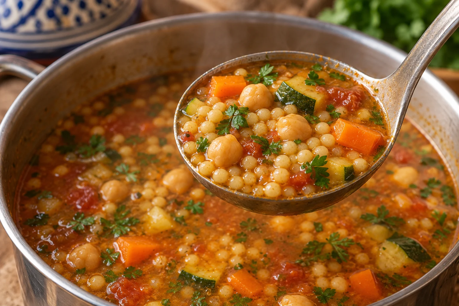 A ladle of berkoukech broth containing small pasta pearls, chickpeas and vegetables above a pot.