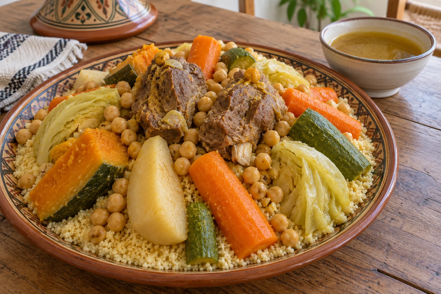 A shared platter of fine couscous with cooked lamb, large carrots, turnip, pumpkin, zucchini, cabbage and chickpeas, with broth alongside.