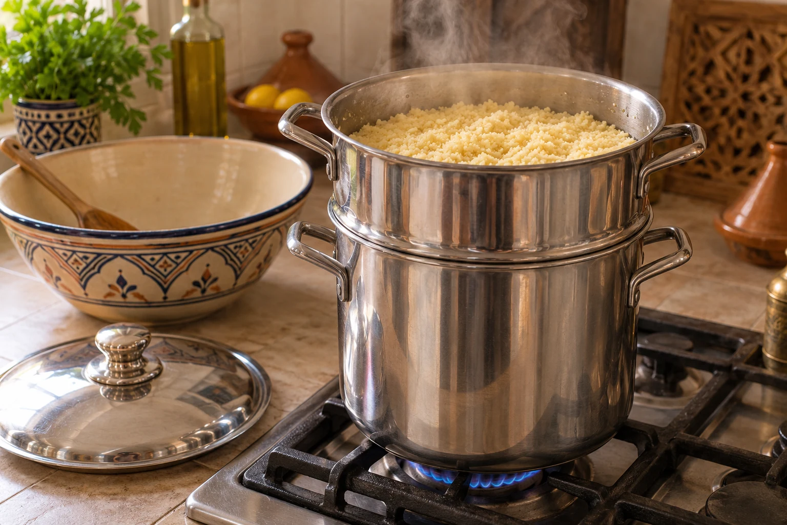 Fine couscous steams in the upper basket of a stainless steel couscoussier above a lower cooking pot, beside a wide mixing bowl.