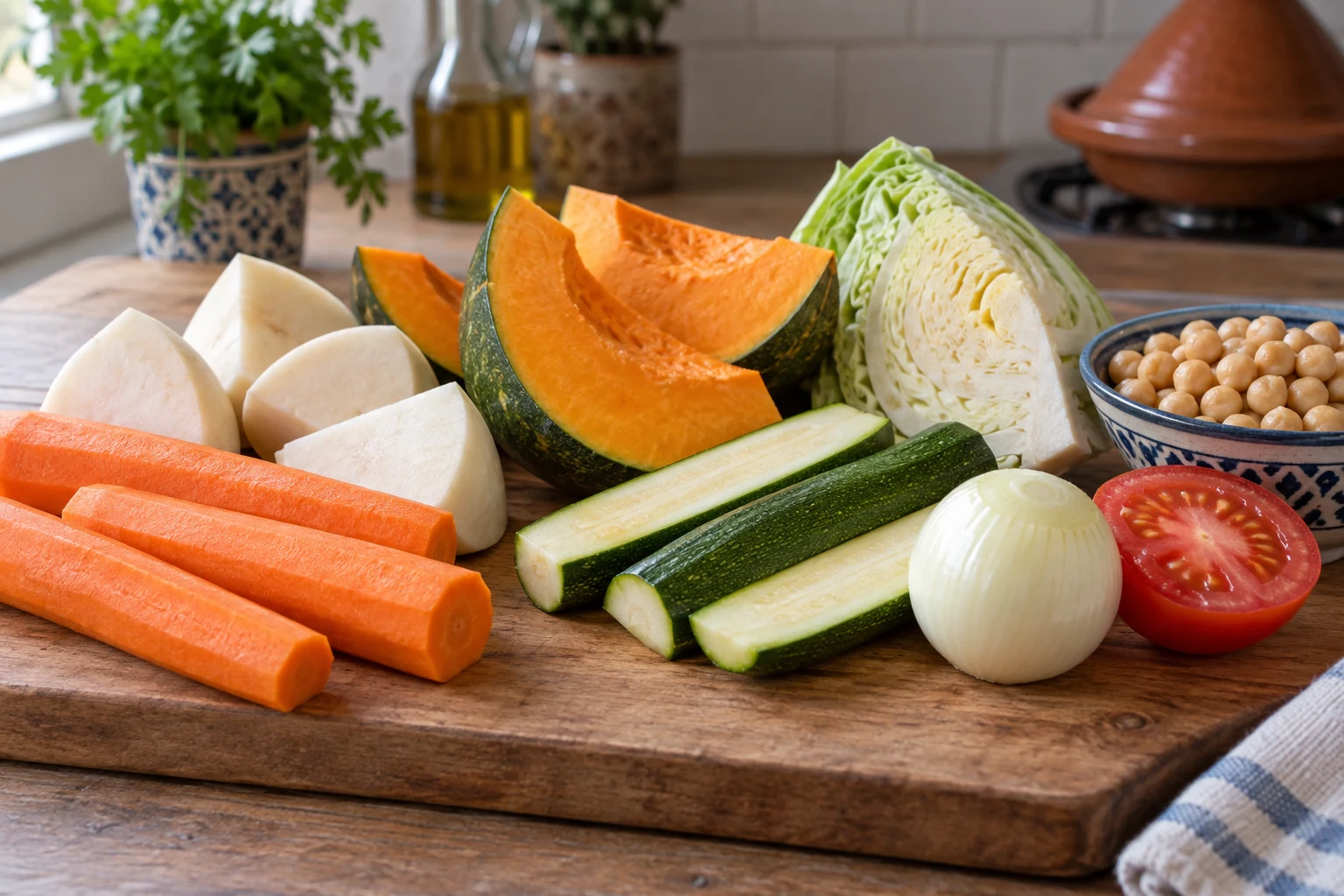 Large prepared pieces of carrot, turnip, pumpkin, zucchini and cabbage with onion, tomato and chickpeas.